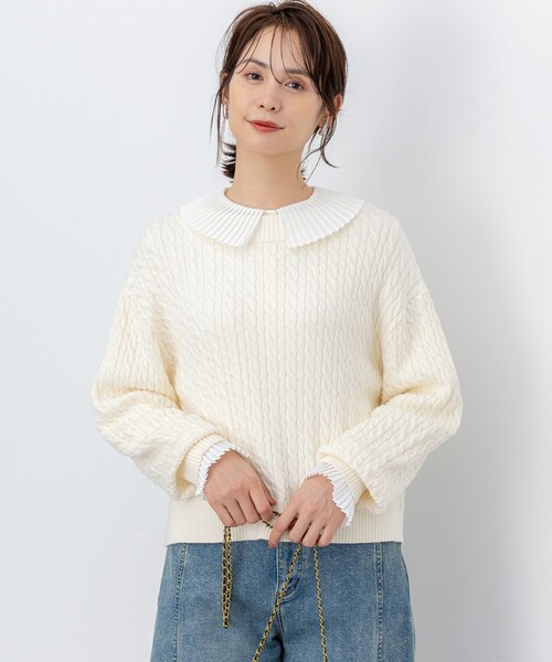 組曲 L(クミキョク オオキイサイズ)の「コットンカシミヤMIX ケーブル ニット(ニット/セーター・レディース・イエロー系/ピンク系/ライトグレー系9/アイボリー系/ライトグレー系1/ネイビー系・5/6/7)」の1枚目の写真