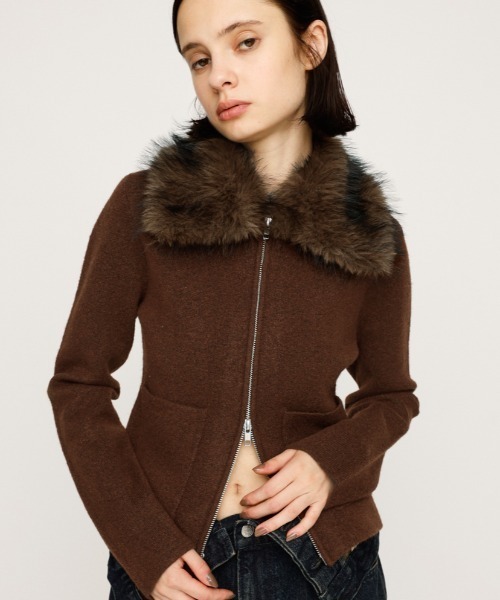 ウールコート ブラウン ファー襟付き LILY BROWN×MARY QUANT】ビジューボタンミドルファーコート(ノー