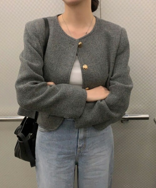 AMELY(エミリー)の「ツイード調ノーカラーショートジャケット(その他アウター・レディース・アイボリー/グレー・フリー)」の7枚目の写真