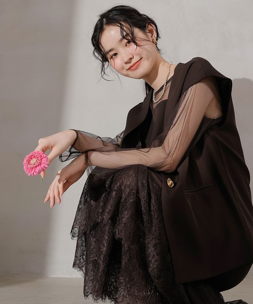 ジレ×レース フリルワンピース 2点セット パーティー ドレス 結婚式