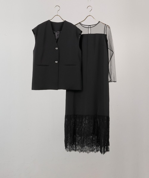 セール】ジレ×レース フリルワンピース 2点セット パーティー ドレス