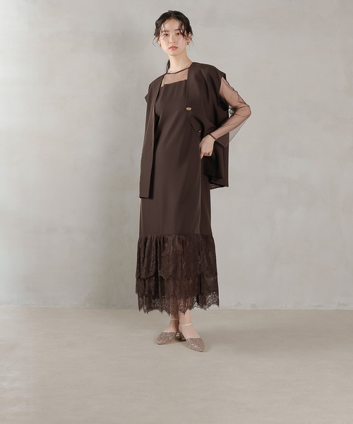 【新品タグ付き】Kana セレモニー レースドレス ワンピース ブラウン L モチーフレース シアー ワンピース パーティードレス 結婚式 お呼ばれ