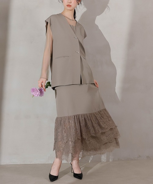 ジレ×レース フリルワンピース 2点セット パーティー ドレス 結婚式