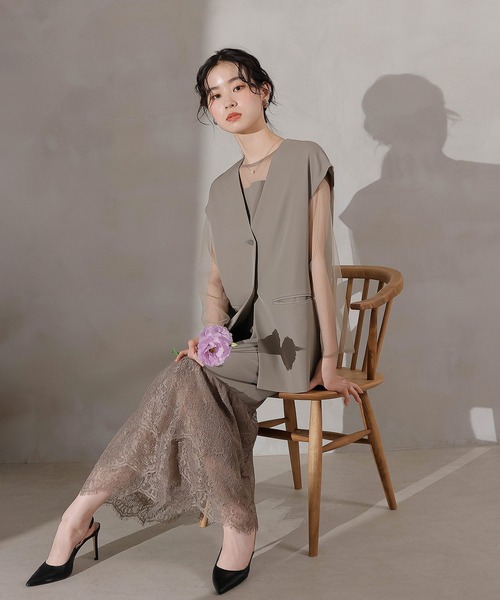 Kana（カナ）の「ジレ×レース フリルワンピース 2点セット パーティー ドレス 結婚式 お呼ばれ オケージョン（ドレス・レディース・ブラック/グレー系その他/ブラウン・M）」の16枚目の写真