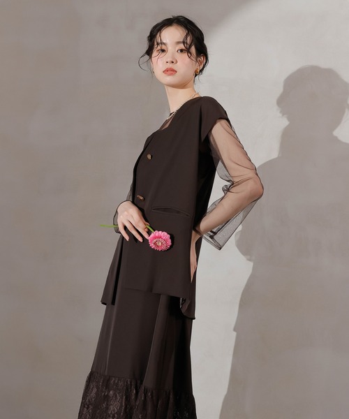 ジレ×レース フリルワンピース 2点セット パーティー ドレス 結婚式