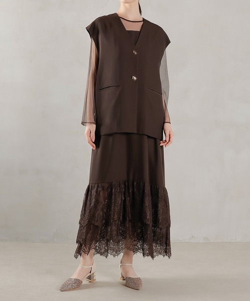 ジレ×レース フリルワンピース 2点セット パーティー ドレス 結婚式