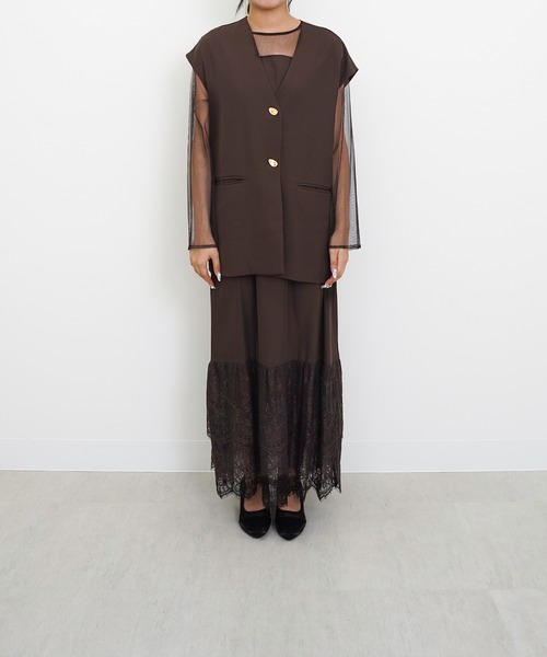 セール】ジレ×レース フリルワンピース 2点セット パーティー ドレス