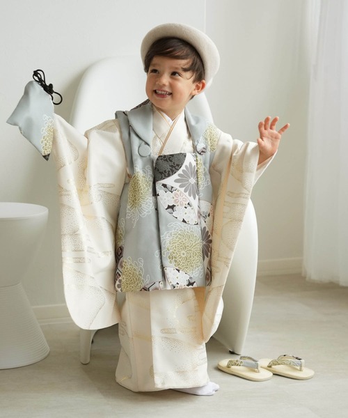 utatane(ウタタネ)の「七五三3歳用被布コートセット 男の子 ひよこ商店 ミント七宝×クリーム金彩(着物・キッズ・クリーム・85-100cm)」の1枚目の写真