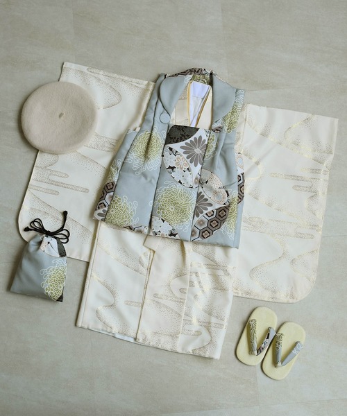 utatane(ウタタネ)の「七五三3歳用被布コートセット 男の子 ひよこ商店 ミント七宝×クリーム金彩(着物・キッズ・クリーム・85-100cm)」の3枚目の写真