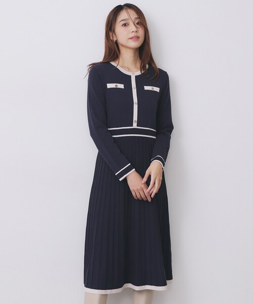 セール】バイカラードッキング風ニットワンピース【洗濯機OK/抗ピル