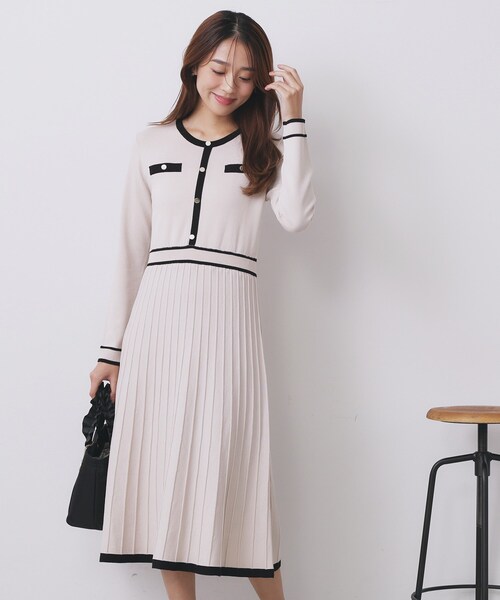 セール】バイカラードッキング風ニットワンピース【洗濯機OK/抗ピル