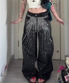 Studs pin stripe wide flare denim pants / スタッズピンストライプ