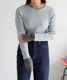 ソデ配色ラインクルーネックリブニット