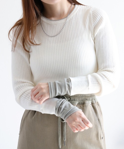 cepo（セポ）の「ソデ配色ラインクルーネックリブニット（ニット/セーター・レディース・ブラック/グレー/オフホワイト・M）」の7枚目の写真