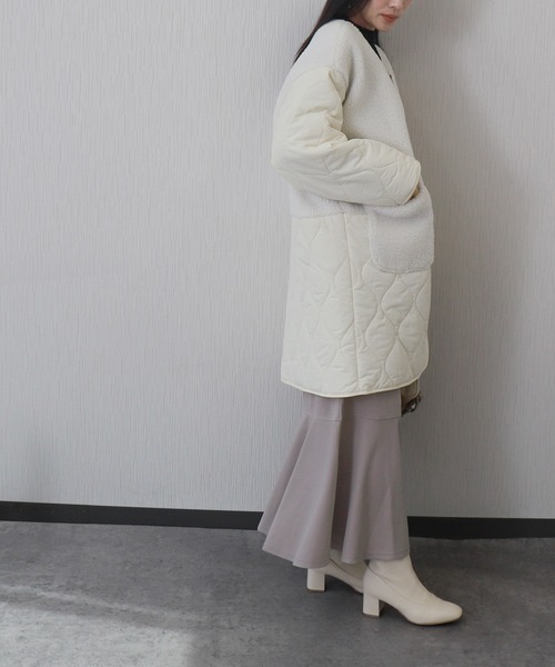 libelle more(リベル モア)の「中綿キルト×ボア切り替えノーカラー中綿コート / 通勤 / デイリー / きれいめ / 体型カバー / 軽量 / 防寒(ダウンジャケット/コート・レディース・カーキ/ネイビー/アイボリー/ブラック/グレイッシュベージュ・L/M)」の7枚目の写真