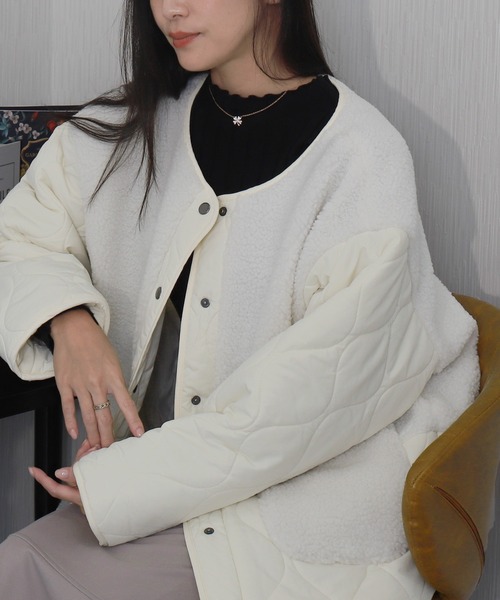 libelle more(リベル モア)の「中綿キルト×ボア切り替えノーカラー中綿コート / 通勤 / デイリー / きれいめ / 体型カバー / 軽量 / 防寒(ダウンジャケット/コート・レディース・カーキ/ネイビー/アイボリー/ブラック/グレイッシュベージュ・L/M)」の8枚目の写真