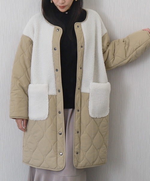 libelle more(リベル モア)の「中綿キルト×ボア切り替えノーカラー中綿コート / 通勤 / デイリー / きれいめ / 体型カバー / 軽量 / 防寒(ダウンジャケット/コート・レディース・カーキ/ネイビー/アイボリー/ブラック/グレイッシュベージュ・L/M)」の14枚目の写真