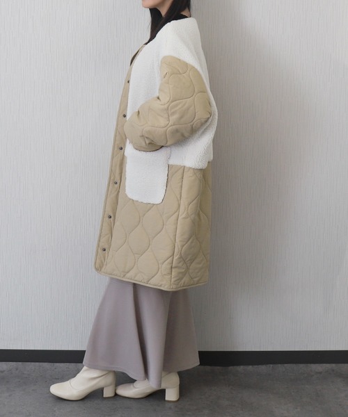 libelle more(リベル モア)の「中綿キルト×ボア切り替えノーカラー中綿コート / 通勤 / デイリー / きれいめ / 体型カバー / 軽量 / 防寒(ダウンジャケット/コート・レディース・カーキ/ネイビー/アイボリー/ブラック/グレイッシュベージュ・L/M)」の17枚目の写真