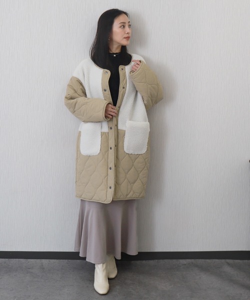 libelle more(リベル モア)の「中綿キルト×ボア切り替えノーカラー中綿コート / 通勤 / デイリー / きれいめ / 体型カバー / 軽量 / 防寒(ダウンジャケット/コート・レディース・カーキ/ネイビー/アイボリー/ブラック/グレイッシュベージュ・L/M)」の15枚目の写真
