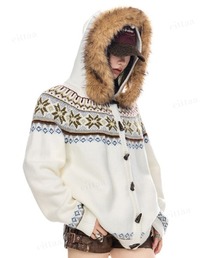 Dalfwin（ダールフィン）の「韓国ファッション ファー付きフードノルディックカーディガン（カーディガン/ボレロ）」