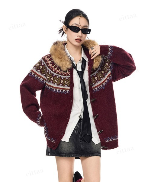 韓国ファッション ファー付きフードノルディックカーディガン