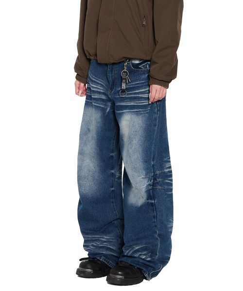 セール】Washed Zipper Slit Denim Pants (Blue)（デニムパンツ