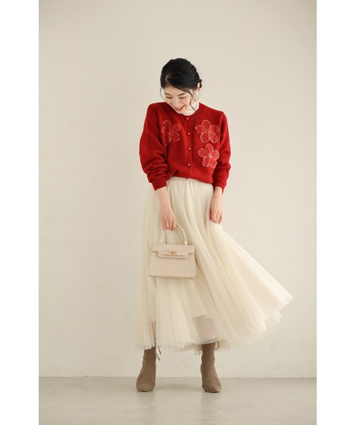 cawaii（カワイイ）の「チュールのお花咲くおめかしカーディガン（カーディガン/ボレロ・レディース・レッド/グレー・FREE）」の7枚目の写真