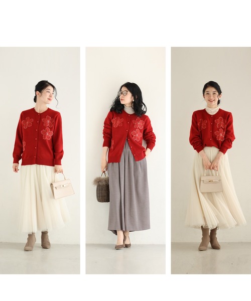 cawaii（カワイイ）の「チュールのお花咲くおめかしカーディガン（カーディガン/ボレロ・レディース・レッド/グレー・FREE）」の11枚目の写真