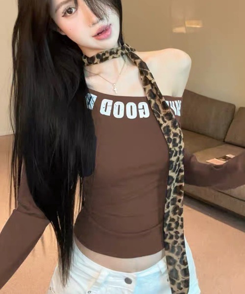 lilful（リルフル）の「ヒョウ柄タイ付き かすれレタリングロゴ ワンショルトップス（Tシャツ/カットソー・レディース・ネイビー/ホワイト/ブラウン/ブラック・F）」の16枚目の写真