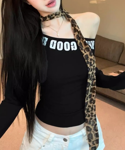 lilful（リルフル）の「ヒョウ柄タイ付き かすれレタリングロゴ ワンショルトップス（Tシャツ/カットソー・レディース・ネイビー/ホワイト/ブラウン/ブラック・F）」の11枚目の写真