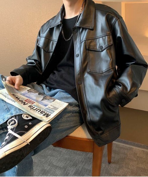link lot(リンクロット)の「オーバーサイズ フェイクレザー フラップポケット PUシャツ ブルゾン ジャケット(ブルゾン・メンズ・ブラック・M)」の2枚目の写真