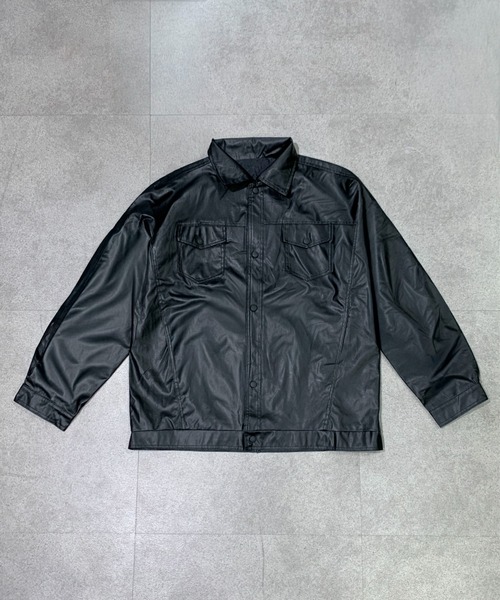 link lot(リンクロット)の「オーバーサイズ フェイクレザー フラップポケット PUシャツ ブルゾン ジャケット(ブルゾン・メンズ・ブラック・M)」の4枚目の写真
