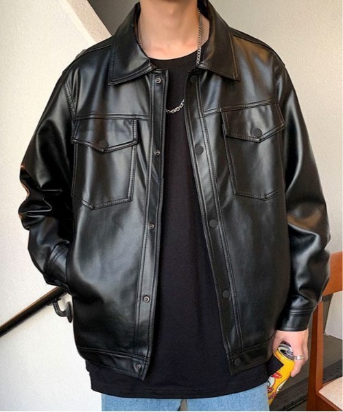 link lot(リンクロット)の「オーバーサイズ フェイクレザー フラップポケット PUシャツ ブルゾン ジャケット(ブルゾン・メンズ・ブラック・M)」の9枚目の写真