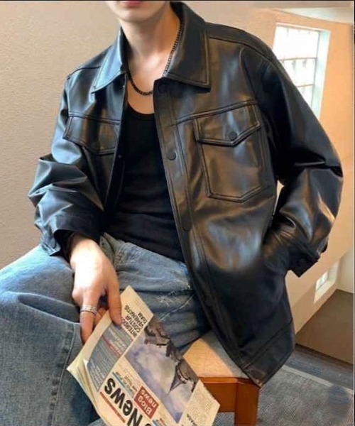 link lot(リンクロット)の「オーバーサイズ フェイクレザー フラップポケット PUシャツ ブルゾン ジャケット(ブルゾン・メンズ・ブラック・M)」の11枚目の写真