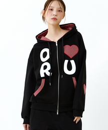 Heart Check Flower Applique Hooded Zip-Up in Black