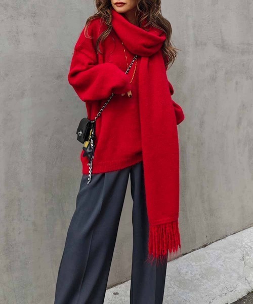 esutoreja（エストレジャ）の「Vネックニット×スカーフ（ニット/セーター・レディース・レッド/ベージュ/チャコール・FREE）」の12枚目の写真