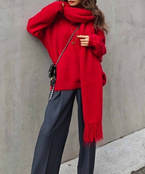 esutoreja（エストレジャ）の「Vネックニット×スカーフ（ニット/セーター・レディース・レッド/ベージュ/チャコール・FREE）」の13枚目の写真