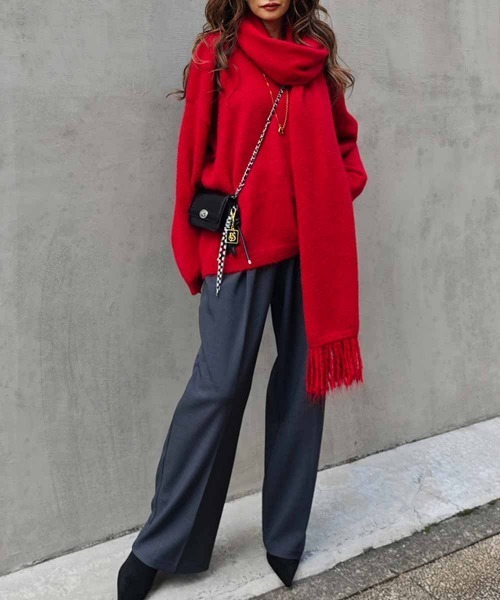 esutoreja（エストレジャ）の「Vネックニット×スカーフ（ニット/セーター・レディース・レッド/ベージュ/チャコール・FREE）」の15枚目の写真