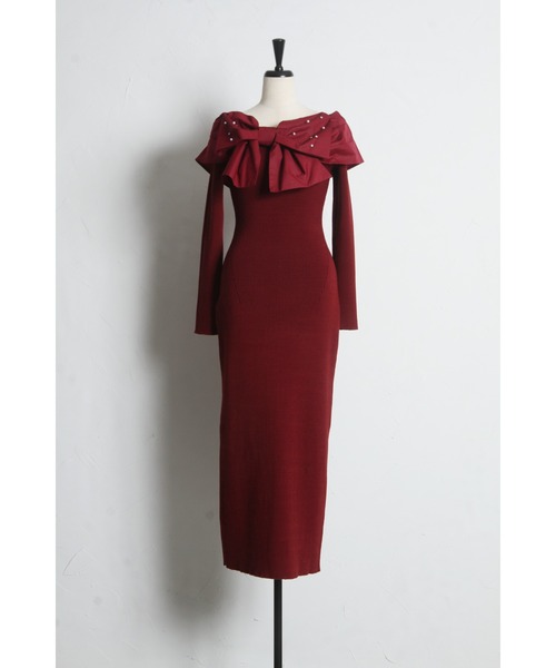 パールビジュー付きビックリボン切り替えリブニットワンピース