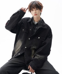 neos（ネオス）の「【neos】ユニセックス ダメージ加工 ヴィンテージウォッシュ チェック切替 ルーズ デニム ジャケット メンズ レディース（デニムジャケット）」