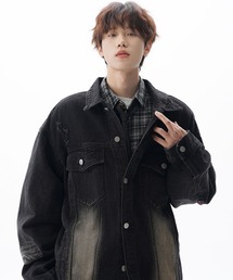 neos（ネオス）の「【neos】ユニセックス ダメージ加工 ヴィンテージウォッシュ チェック切替 ルーズ デニム ジャケット メンズ レディース（デニムジャケット）」