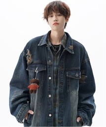 neos（ネオス）の「【neos】ユニセックス ダメージ加工 ヴィンテージウォッシュ チェック切替 ルーズ デニム ジャケット メンズ レディース（デニムジャケット）」