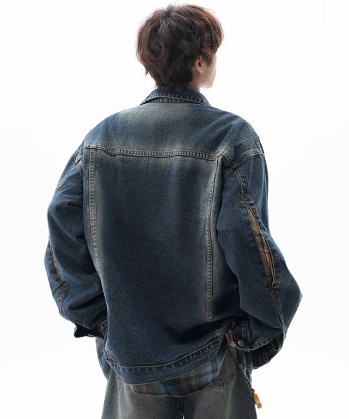 neos（ネオス）の「【neos】ユニセックス ダメージ加工 ヴィンテージウォッシュ チェック切替 ルーズ デニム ジャケット メンズ レディース（デニムジャケット・メンズ・ブラック/ブルー・MEDIUM/LARGE/X-LARGE）」の7枚目の写真
