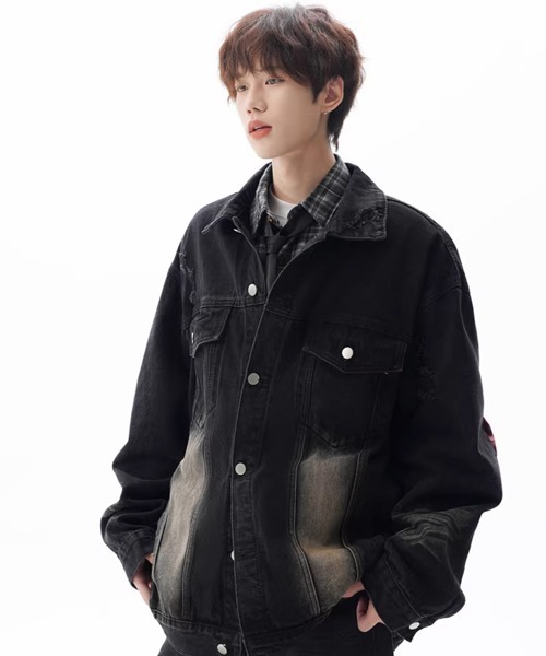 neos（ネオス）の「【neos】ユニセックス ダメージ加工 ヴィンテージウォッシュ チェック切替 ルーズ デニム ジャケット メンズ レディース（デニムジャケット・メンズ・ブラック/ブルー・MEDIUM/LARGE/X-LARGE）」の4枚目の写真