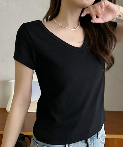 Eclat one(エクラワン)の「【Eclat one】Vネック コンパクト丈 半袖 カットソー(Tシャツ/カットソー・レディース・イエロー/グレー/ホワイト/ブラック・FREE)」の3枚目の写真