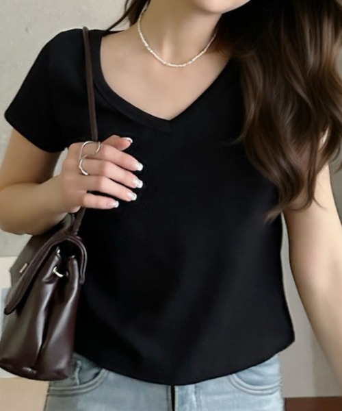 Eclat one(エクラワン)の「【Eclat one】Vネック コンパクト丈 半袖 カットソー(Tシャツ/カットソー・レディース・イエロー/グレー/ホワイト/ブラック・FREE)」の19枚目の写真