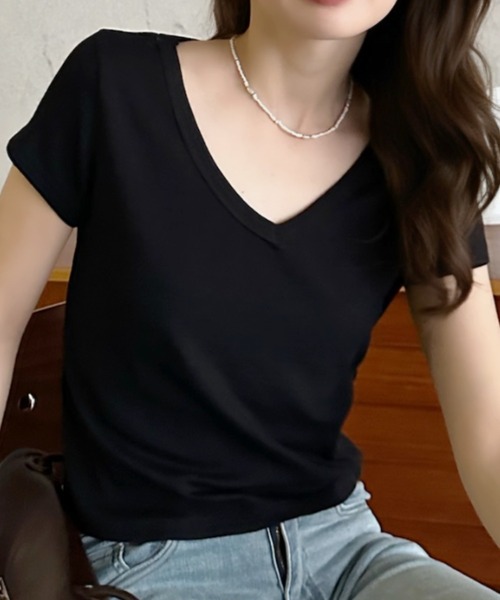 Eclat one(エクラワン)の「【Eclat one】Vネック コンパクト丈 半袖 カットソー(Tシャツ/カットソー・レディース・イエロー/グレー/ホワイト/ブラック・FREE)」の5枚目の写真