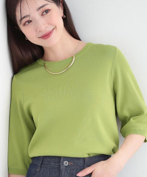 SHOO・LA・RUE(シューラルー)の「【毎日洗える/S-LL】上半身がすっきり見える 多機能5分袖ニット(ニット/セーター・レディース・ブルー系その他/チャコール/レッド系9/ダークブラウン/ナチュラル/ホワイト系5/ブラック/スモーキーグリーン系/ネイビー系5・01/02/03/04)」の6枚目の写真