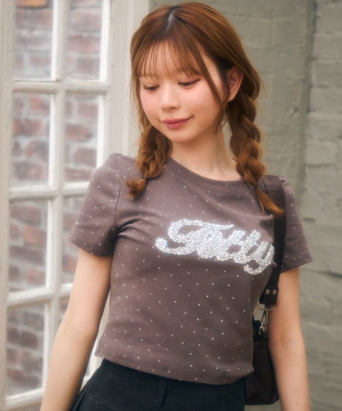 TITTY&CO.(ティティーアンドコー)の「ラインストーン半袖Tee(Tシャツ/カットソー・レディース・ライトブルー/ブラック/ブラウン/ピンク/ホワイト/グレー/ベージュ/チャコールグレー・FREE)」の5枚目の写真