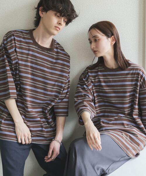 SENSE OF PLACE by URBAN RESEARCH(センスオブプレイスバイアーバンリサーチ)の「ボーダーエクストラルーズTシャツ(Tシャツ/カットソー・メンズ・ブラウン/ライトグレー/ネイビー/ミント・MEDIUM/LARGE)」の2枚目の写真